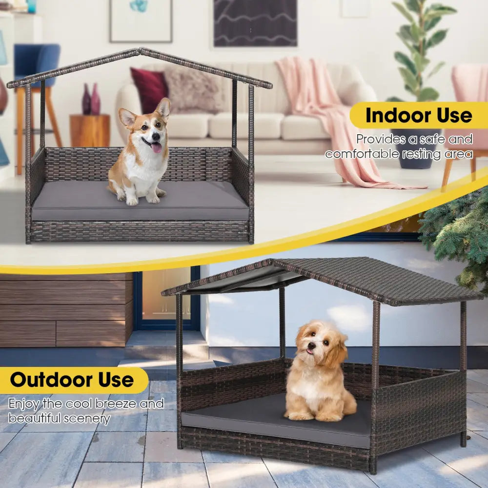 Wicker Dog House with Weatherproof Roof for Outdoor - Gray - Dog Kennels