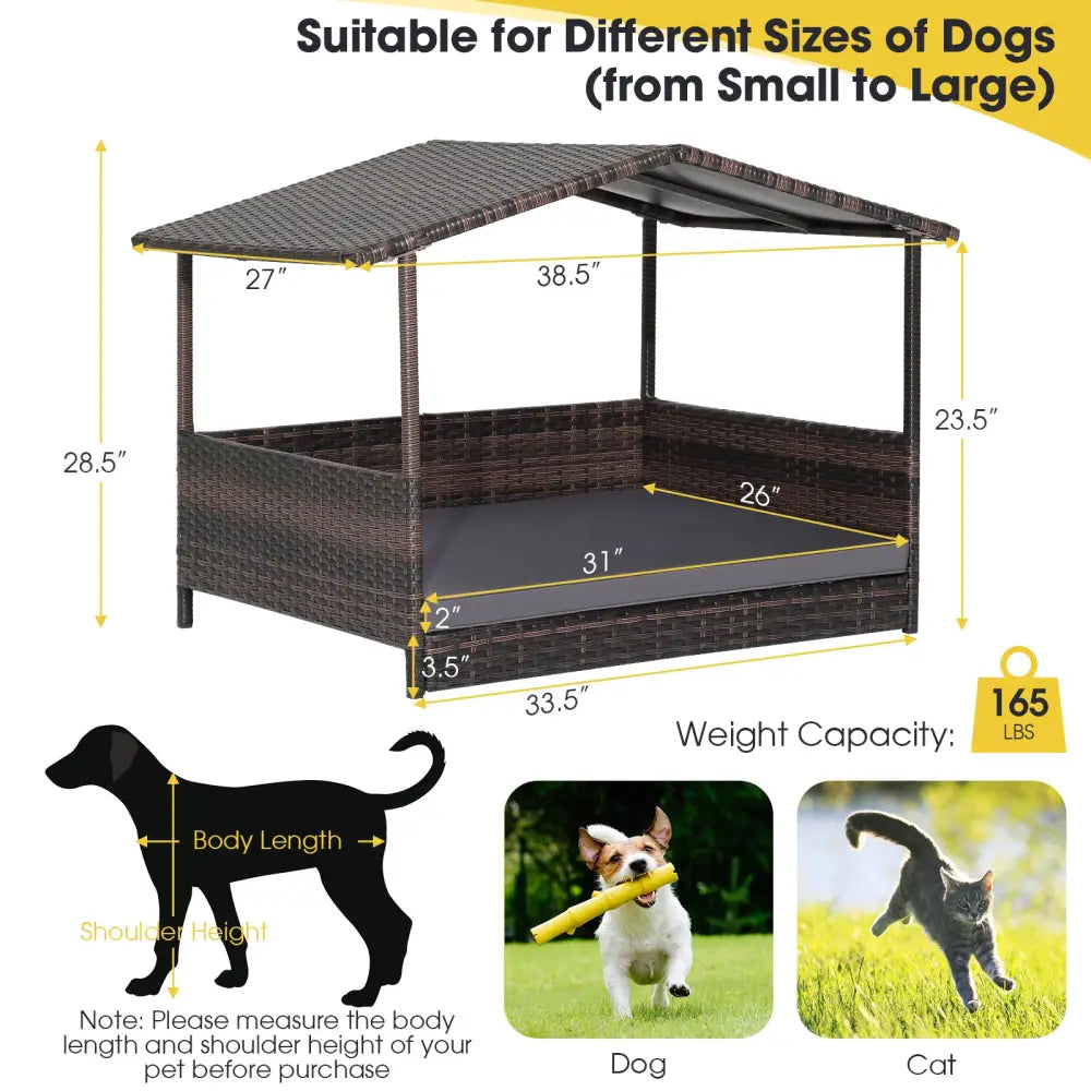 Wicker Dog House with Weatherproof Roof for Outdoor - Gray - Dog Kennels
