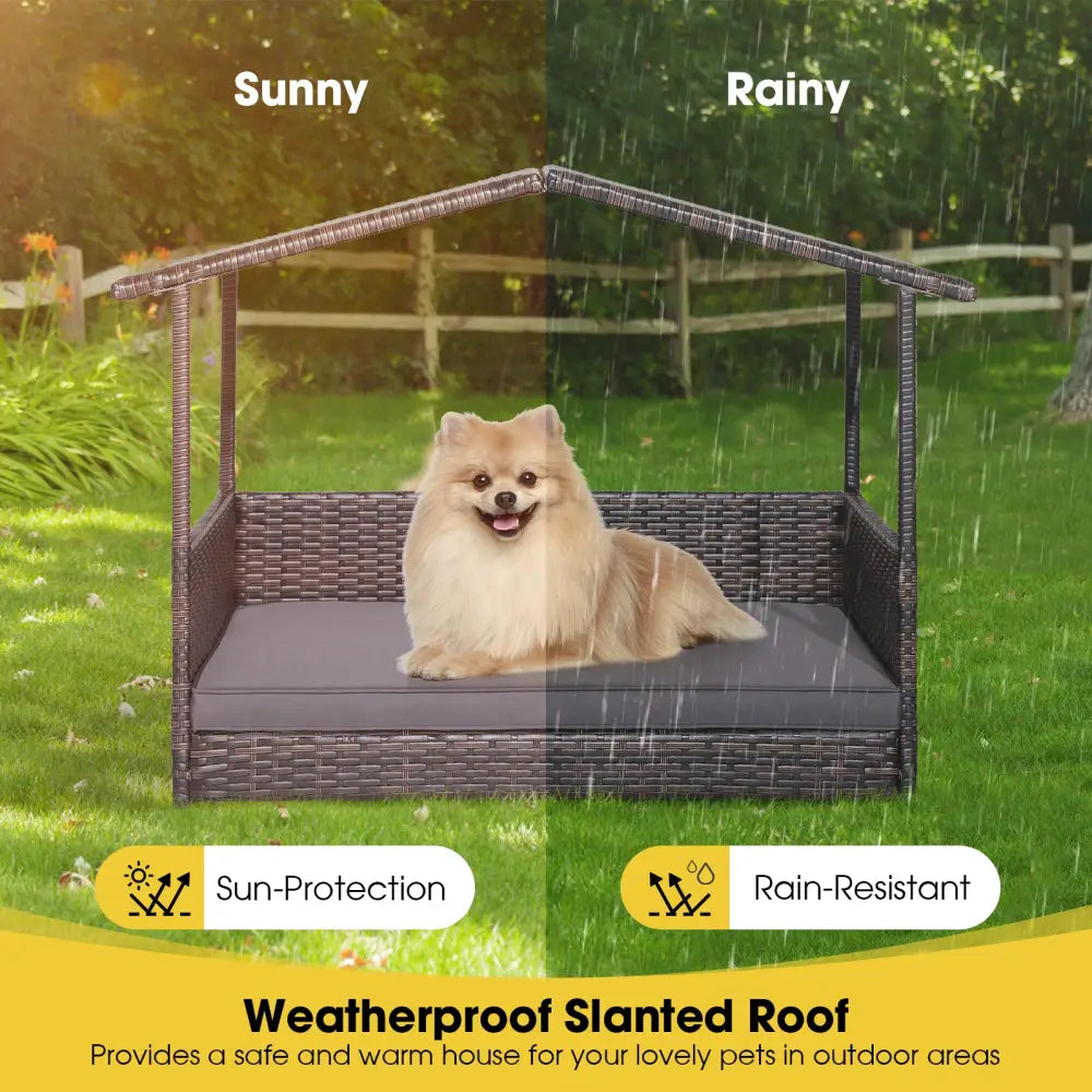 Wicker Dog House with Weatherproof Roof for Outdoor - Gray - Dog Kennels