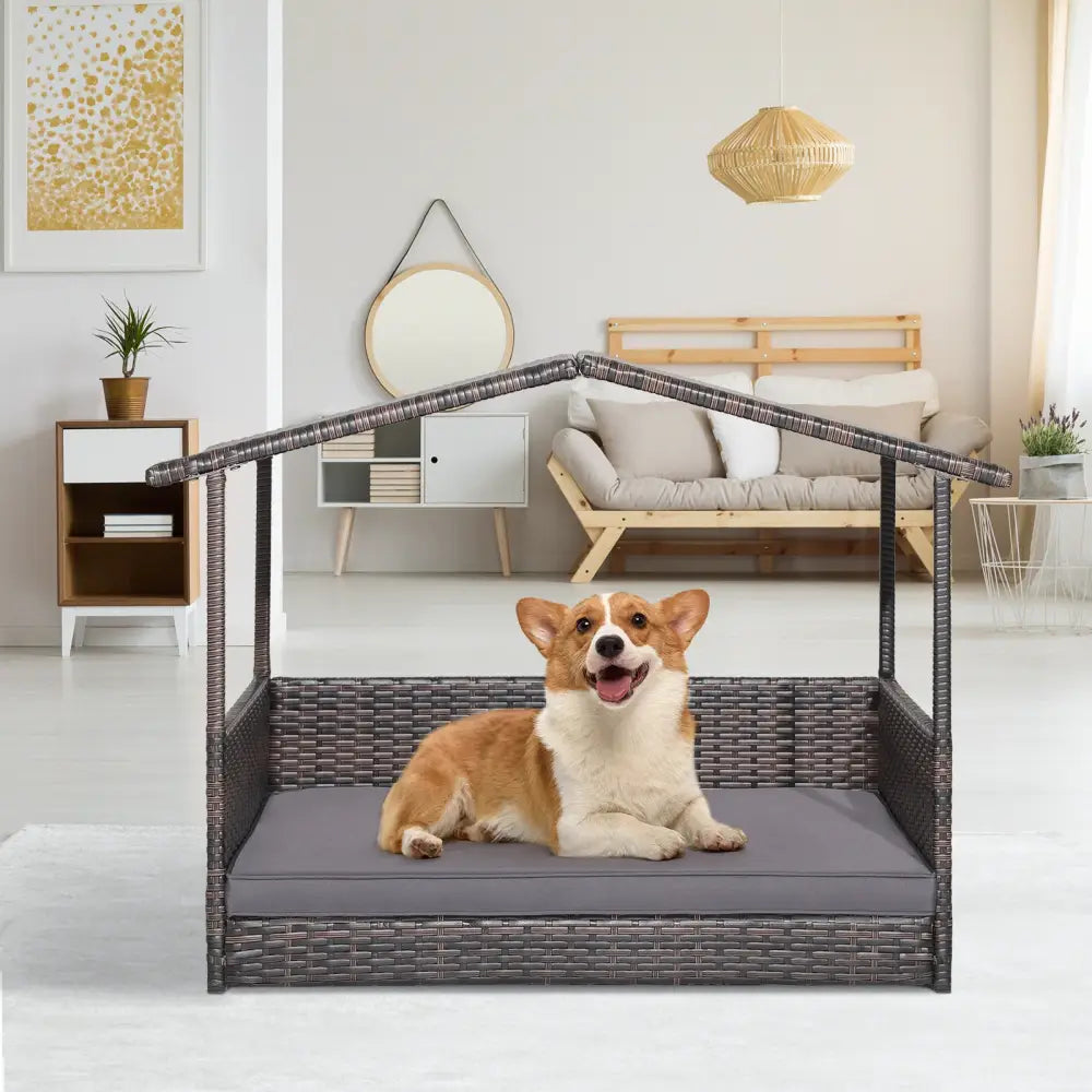 Wicker Dog House with Weatherproof Roof for Outdoor - Gray - Dog Kennels