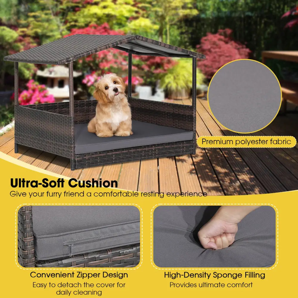 Wicker Dog House with Weatherproof Roof for Outdoor - Gray - Dog Kennels