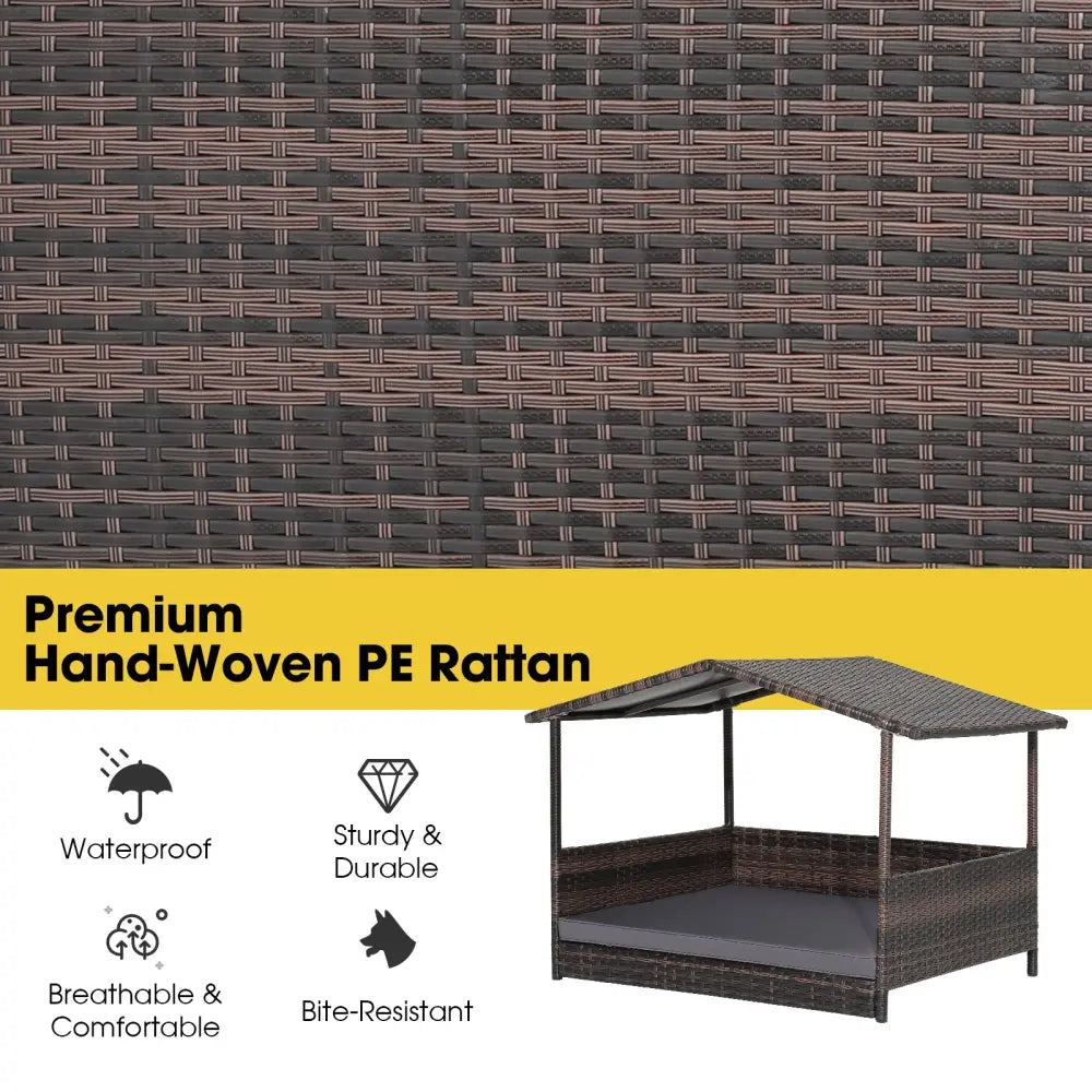 Wicker Dog House with Weatherproof Roof for Outdoor - Gray - Dog Kennels