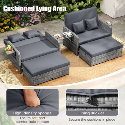 Wicker Loveseat Sofa with Multipurpose Ottoman and Retractable Side Tray-Gray - Gray - Patio Furniture Sets