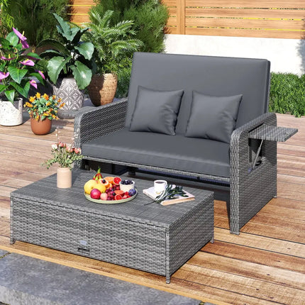 Wicker Loveseat Sofa with Multipurpose Ottoman and Retractable Side Tray-Gray - Gray - Patio Furniture Sets
