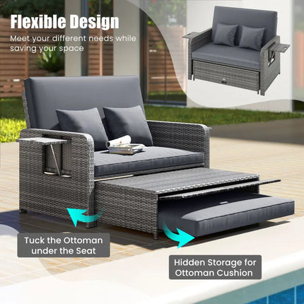 Wicker Loveseat Sofa with Multipurpose Ottoman and Retractable Side Tray-Gray - Gray - Patio Furniture Sets