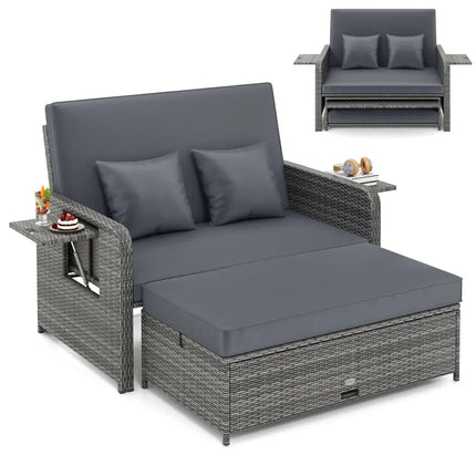 Wicker Loveseat Sofa with Multipurpose Ottoman and Retractable Side Tray-Gray - Gray - Patio Furniture Sets