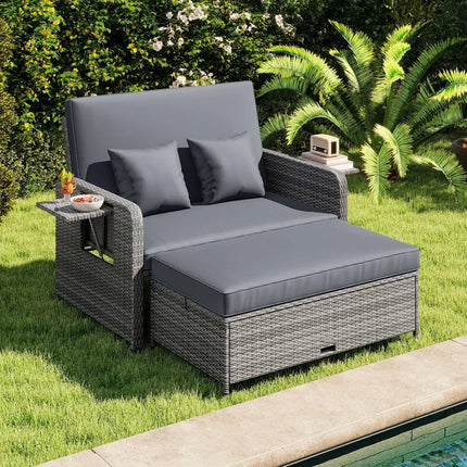 Wicker Loveseat Sofa with Multipurpose Ottoman and Retractable Side Tray-Gray - Gray - Patio Furniture Sets