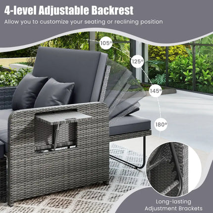 Wicker Loveseat Sofa with Multipurpose Ottoman and Retractable Side Tray-Gray - Gray - Patio Furniture Sets