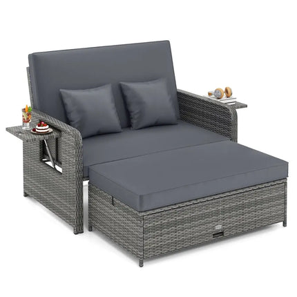 Wicker Loveseat Sofa with Multipurpose Ottoman and Retractable Side Tray-Gray - Gray - Patio Furniture Sets