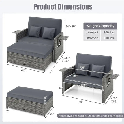 Wicker Loveseat Sofa with Multipurpose Ottoman and Retractable Side Tray-Gray - Gray - Patio Furniture Sets