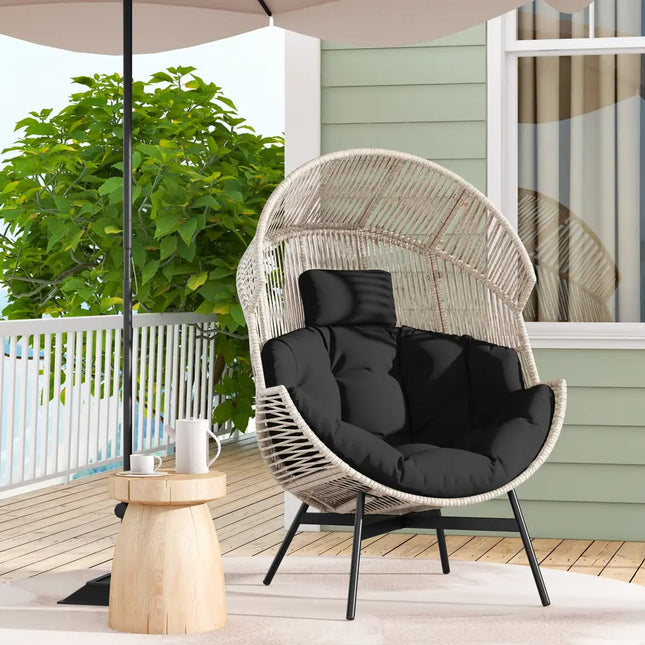 Wicker Oversized Egg Style Chair with Cushions and Headrest-Black - Black - Outdoor Seating & Patio Chairs