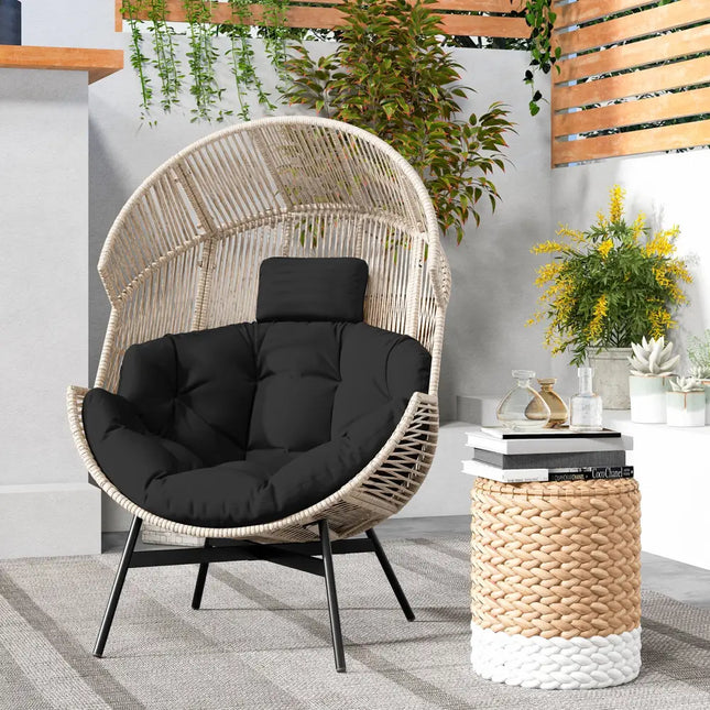 Wicker Oversized Egg Style Chair with Cushions and Headrest-Black - Black - Outdoor Seating & Patio Chairs