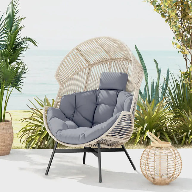Wicker Oversized Egg Style Chair with Cushions and Headrest-Gray - Gray - Outdoor Seating & Patio Chairs