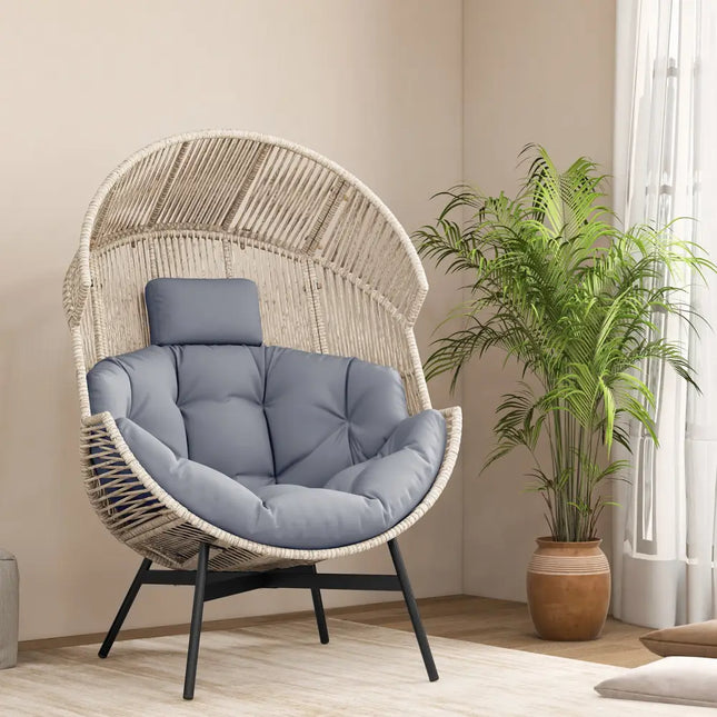 Wicker Oversized Egg Style Chair with Cushions and Headrest-Gray - Gray - Outdoor Seating & Patio Chairs