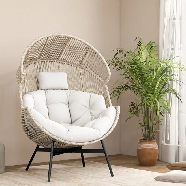 Wicker Oversized Egg Style Chair with Cushions and Headrest-Off White - Off White - Outdoor Seating & Patio Chairs