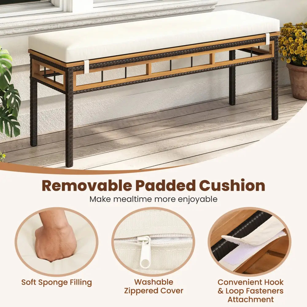 Wicker Patio Bench for 2 People 48invh Long Backless Dining Bench with Acacia Wood Seat-White - White - Outdoor Benches