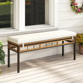 Wicker Patio Bench for 2 People 48invh Long Backless Dining Bench with Acacia Wood Seat-White - White - Outdoor Benches