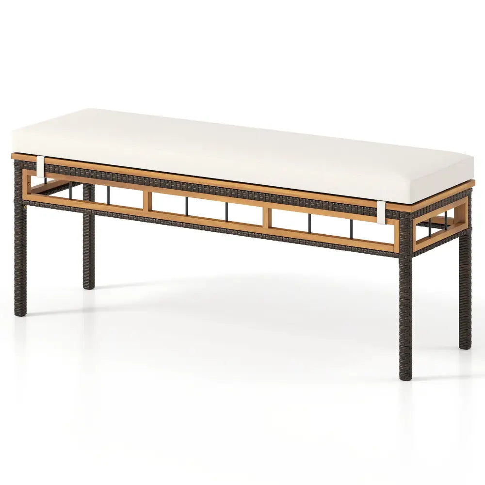 Wicker Patio Bench for 2 People 48invh Long Backless Dining Bench with Acacia Wood Seat-White - White - Outdoor Benches
