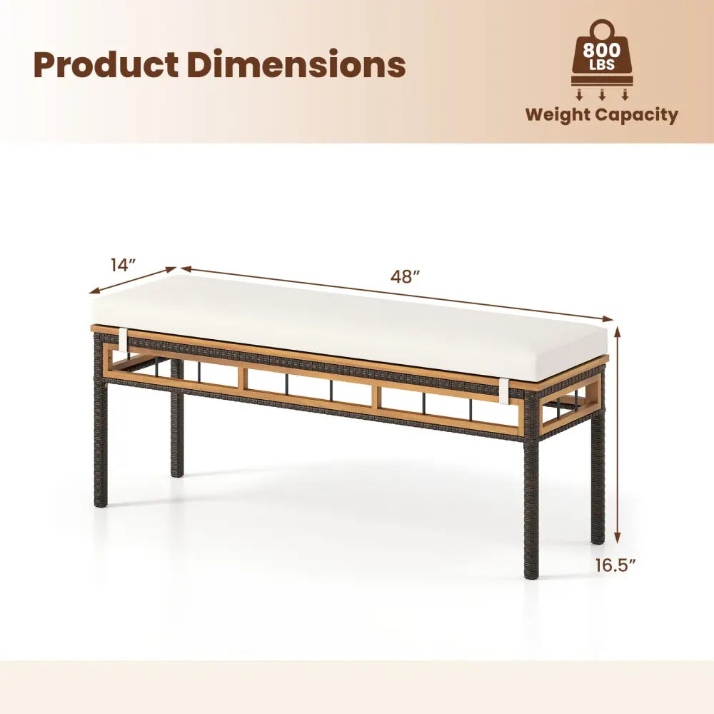 Wicker Patio Bench for 2 People 48invh Long Backless Dining Bench with Acacia Wood Seat-White - White - Outdoor Benches