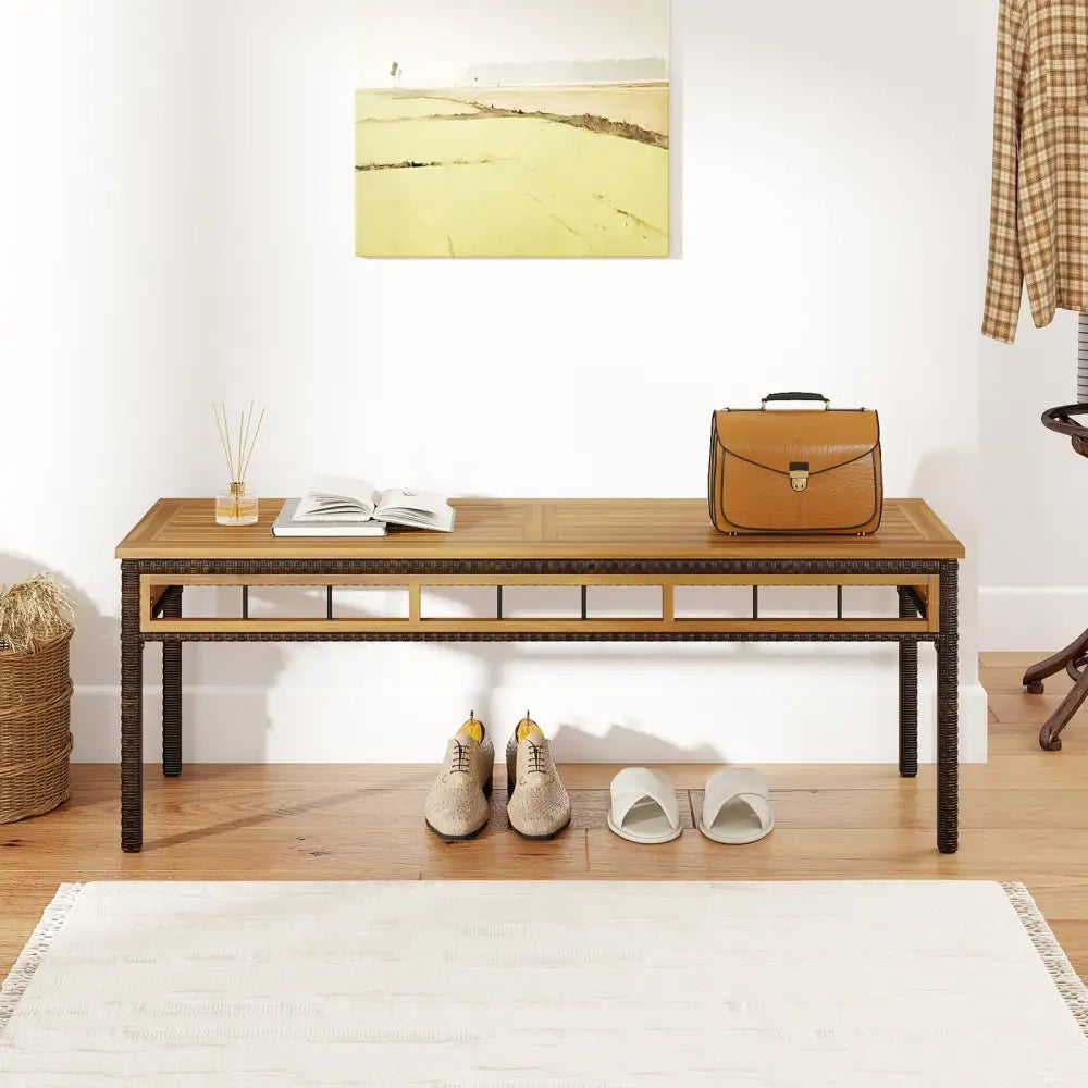 Wicker Patio Bench for 2 People 48invh Long Backless Dining Bench with Acacia Wood Seat-White - White - Outdoor Benches