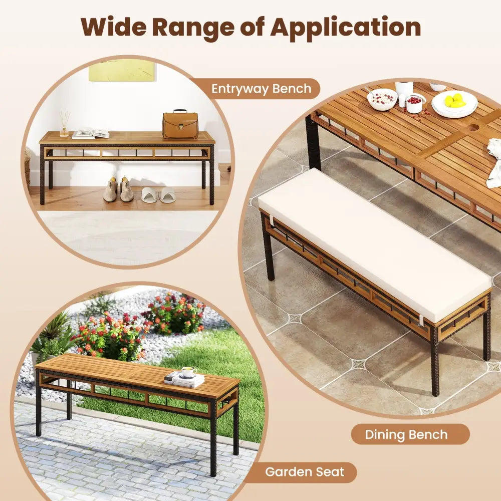Wicker Patio Bench for 2 People 48invh Long Backless Dining Bench with Acacia Wood Seat-White - White - Outdoor Benches