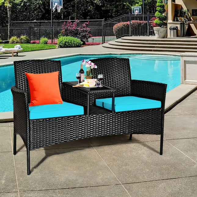 Wicker Patio Conversation Furniture Set with Removable Cushions and Table-Turquoise - Turquoise - Patio Conversation
