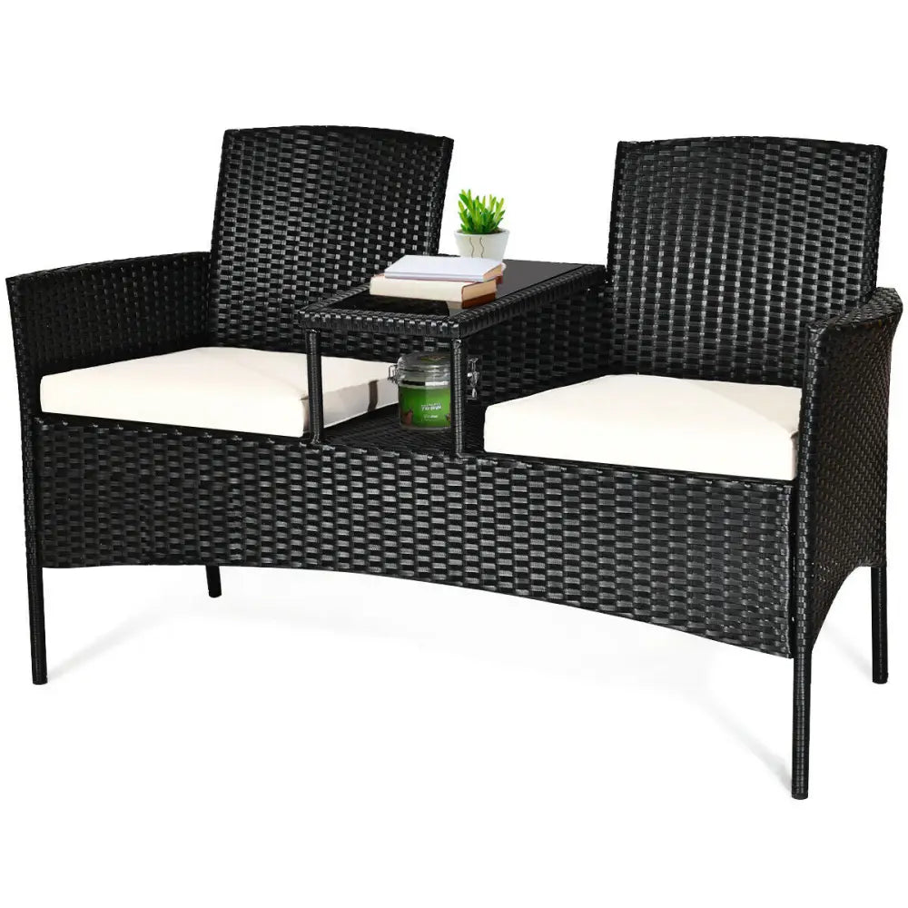 Wicker Patio Conversation Furniture Set with Removable Cushions and Table-White - White - Patio Conversation Sets