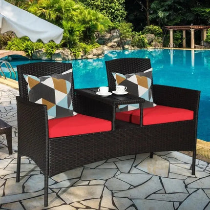 Wicker Patio Conversation Furniture Set with Removable Cushions and Table - Red - Oasis Home Essentials
