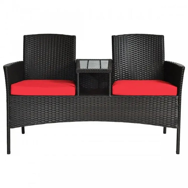 Wicker Patio Conversation Furniture Set with Removable Cushions and Table - Red - Oasis Home Essentials