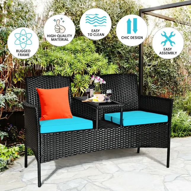 Wicker Patio Conversation Furniture Set with Removable Cushions and Table-Turquoise - Turquoise - Patio Conversation