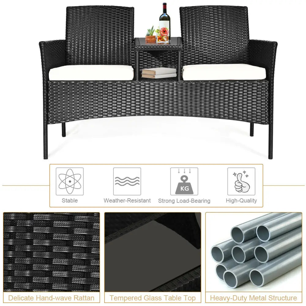 Wicker Patio Conversation Furniture Set with Removable Cushions and Table-White - White - Patio Conversation Sets
