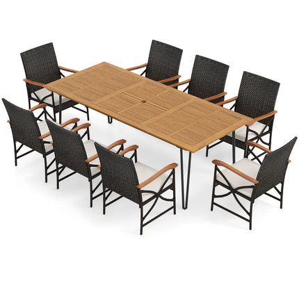Wicker Patio Furniture Set of 8 Armchairs with Soft Cushions and Acacia Wood Square Table - Patio Dining Sets