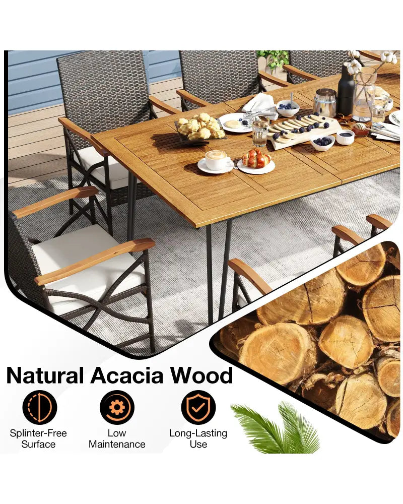Wicker Patio Furniture Set of 8 Armchairs with Soft Cushions and Acacia Wood Square Table - Patio Dining Sets