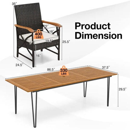 Wicker Patio Furniture Set of 8 Armchairs with Soft Cushions and Acacia Wood Square Table - Patio Dining Sets