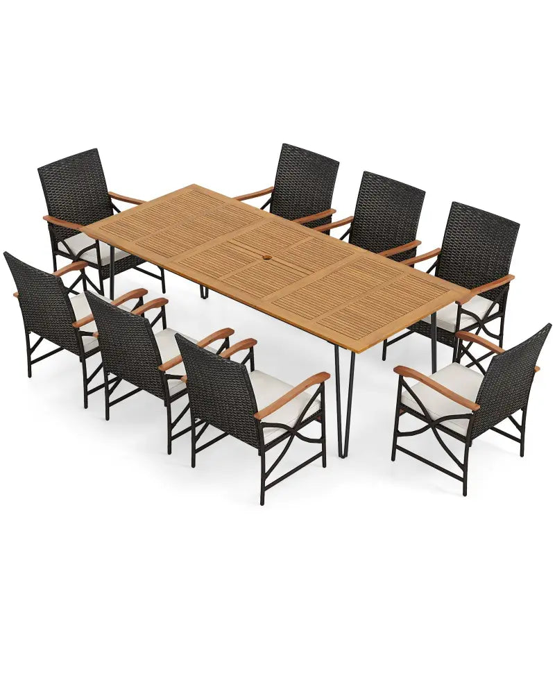 Wicker Patio Furniture Set of 8 Armchairs with Soft Cushions and Acacia Wood Square Table - Patio Dining Sets