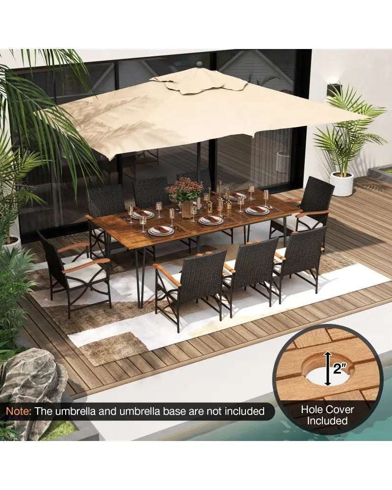 Wicker Patio Furniture Set of 8 Armchairs with Soft Cushions and Acacia Wood Square Table - Patio Dining Sets