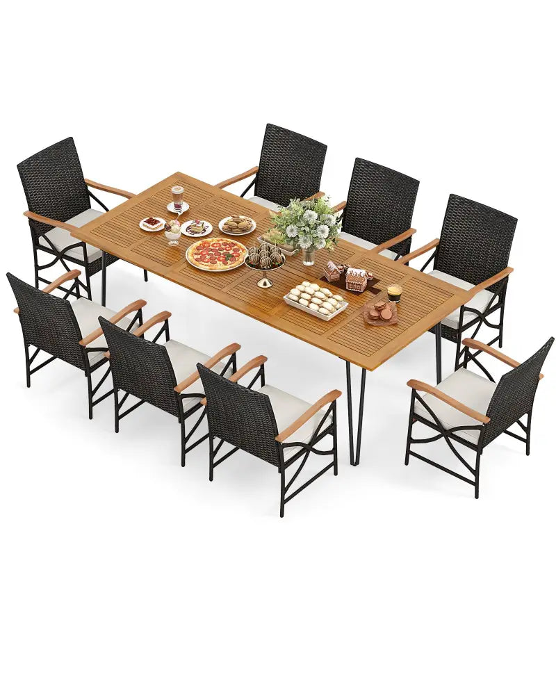 Wicker Patio Furniture Set of 8 Armchairs with Soft Cushions and Acacia Wood Square Table - Patio Dining Sets