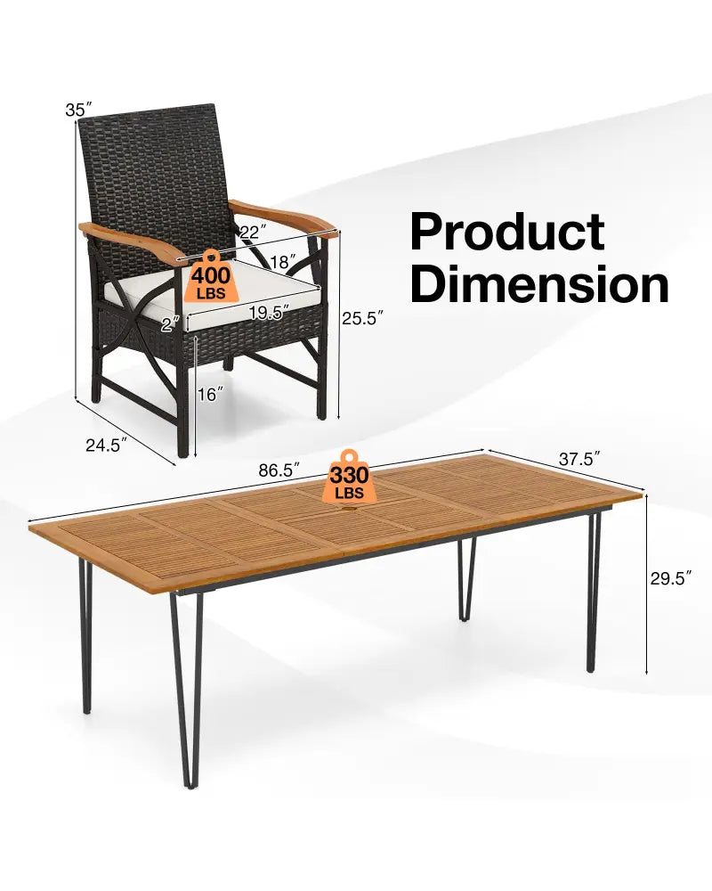 Wicker Patio Furniture Set of 8 Armchairs with Soft Cushions and Acacia Wood Square Table - Patio Dining Sets
