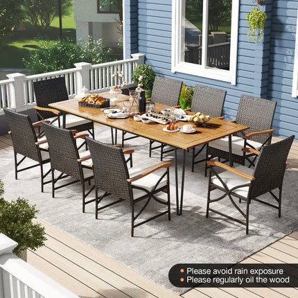 Wicker Patio Furniture Set of 8 Armchairs with Soft Cushions and Acacia Wood Square Table - Patio Dining Sets