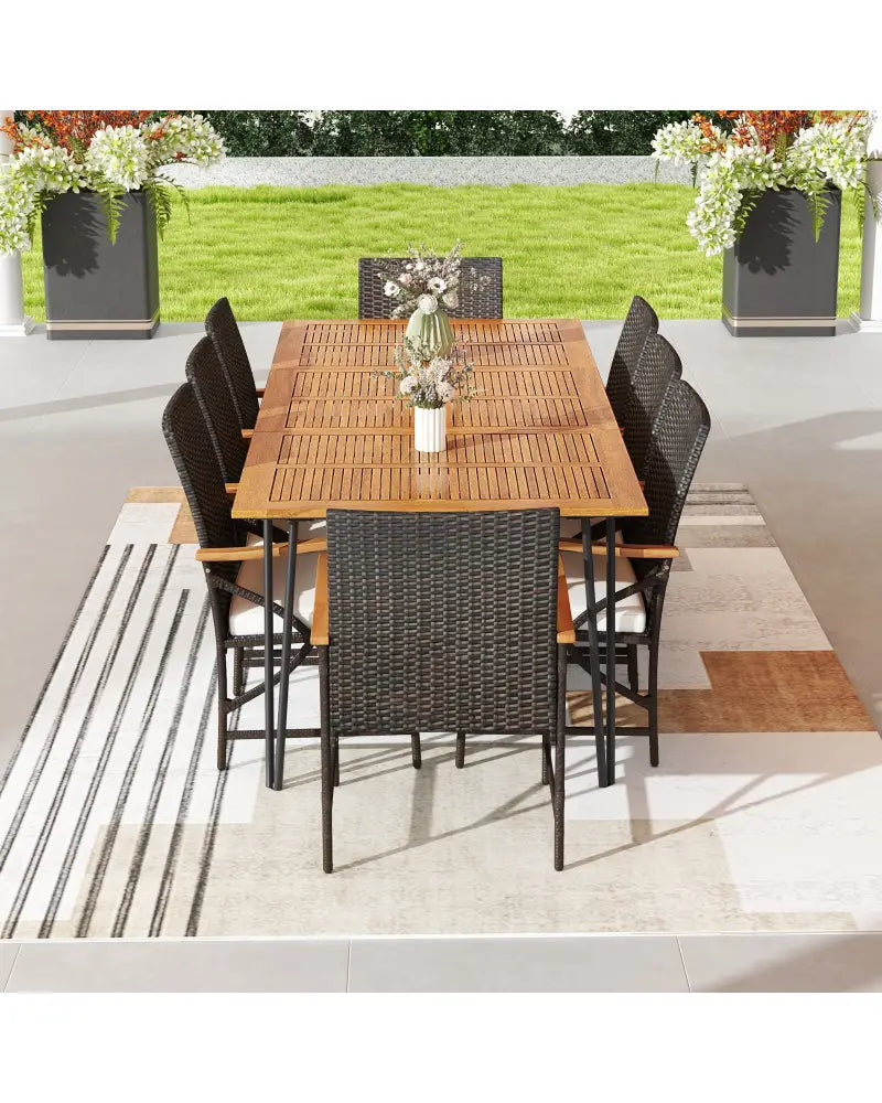 Wicker Patio Furniture Set of 8 Armchairs with Soft Cushions and Acacia Wood Square Table - Patio Dining Sets
