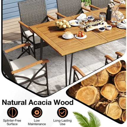 Wicker Patio Furniture Set of 8 Armchairs with Soft Cushions and Acacia Wood Square Table - Patio Dining Sets