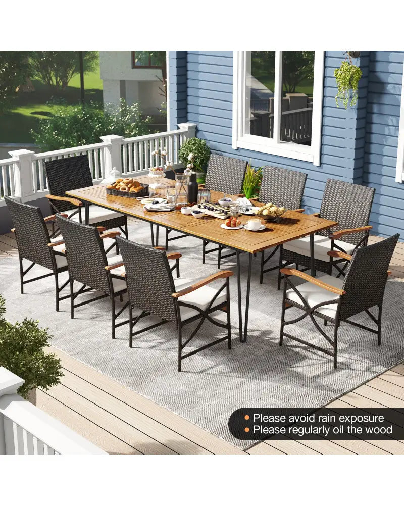 Wicker Patio Furniture Set of 8 Armchairs with Soft Cushions and Acacia Wood Square Table - Patio Dining Sets