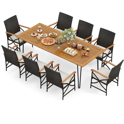 Wicker Patio Furniture Set of 8 Armchairs with Soft Cushions and Acacia Wood Square Table - Patio Dining Sets