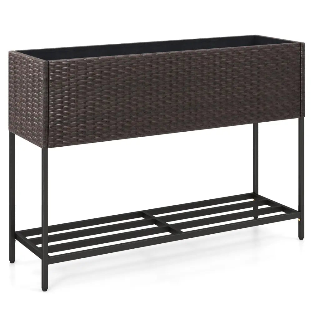 Wicker Raised Garden Bed with Storage Shelf and Drainage Gaps for Flowers - Brown - Raised Garden Beds
