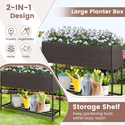 Wicker Raised Garden Bed with Storage Shelf and Drainage Gaps for Flowers - Brown - Raised Garden Beds