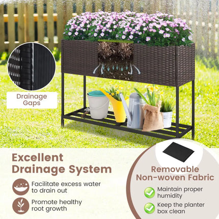 Wicker Raised Garden Bed with Storage Shelf and Drainage Gaps for Flowers - Brown - Raised Garden Beds