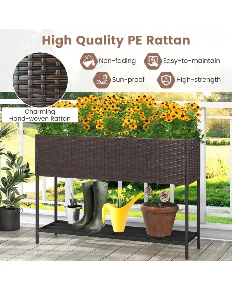 Wicker Raised Garden Bed with Storage Shelf and Drainage Gaps for Flowers - Brown - Raised Garden Beds