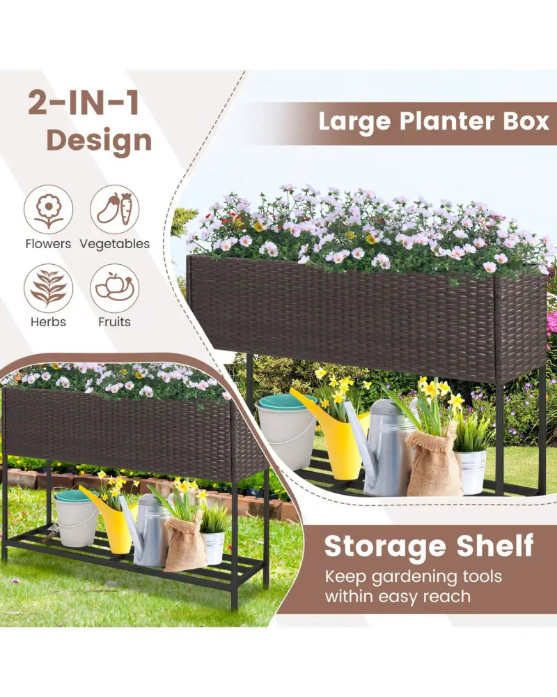Wicker Raised Garden Bed with Storage Shelf and Drainage Gaps for Flowers - Brown - Raised Garden Beds