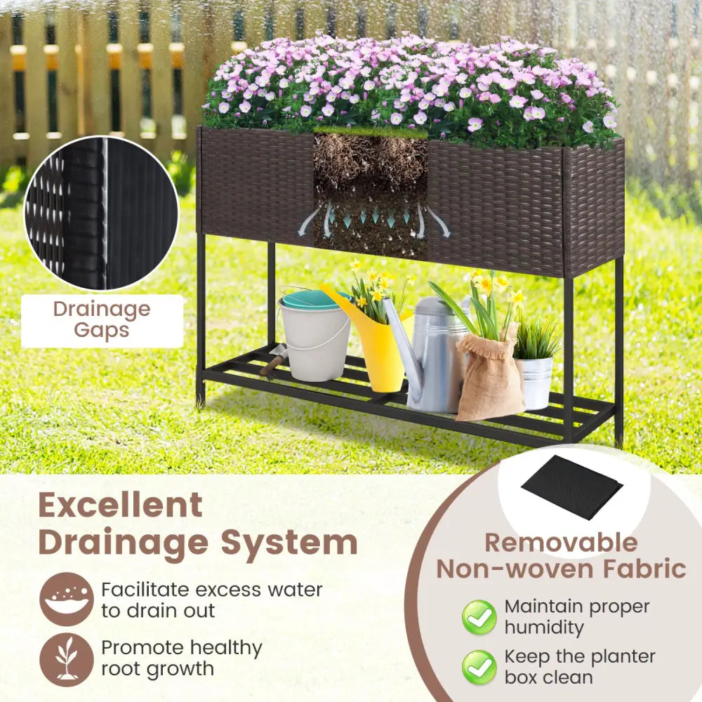 Wicker Raised Garden Bed with Storage Shelf and Drainage Gaps for Flowers - Brown - Raised Garden Beds