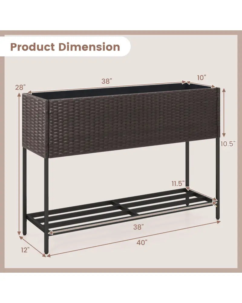 Wicker Raised Garden Bed with Storage Shelf and Drainage Gaps for Flowers - Brown - Raised Garden Beds